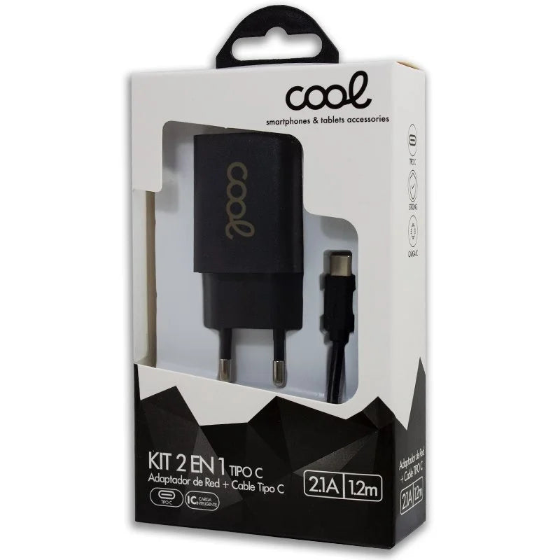 KIT 2 EM 1 TIPO C ADAPTADOR DE REDE + CABO TIPO C PRETO 1.2m COOL