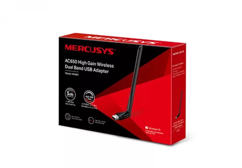 ADAPTADOR USB WI-FI DUAL BAND AC650 MERCUSYS MU6H - ATÉ 200 MBPS EM 2,4 GHZ, ATÉ 433 MBPS EM 5 GHZ - USB 2.0 - ALTO GANHO - ANTENA DE 5 DBI