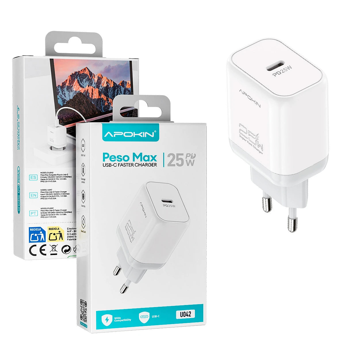 CARREGADOR PESOMAX 25W ENTRADA PD/QC CABO TIPO-C APOKIN - BRANCO U042