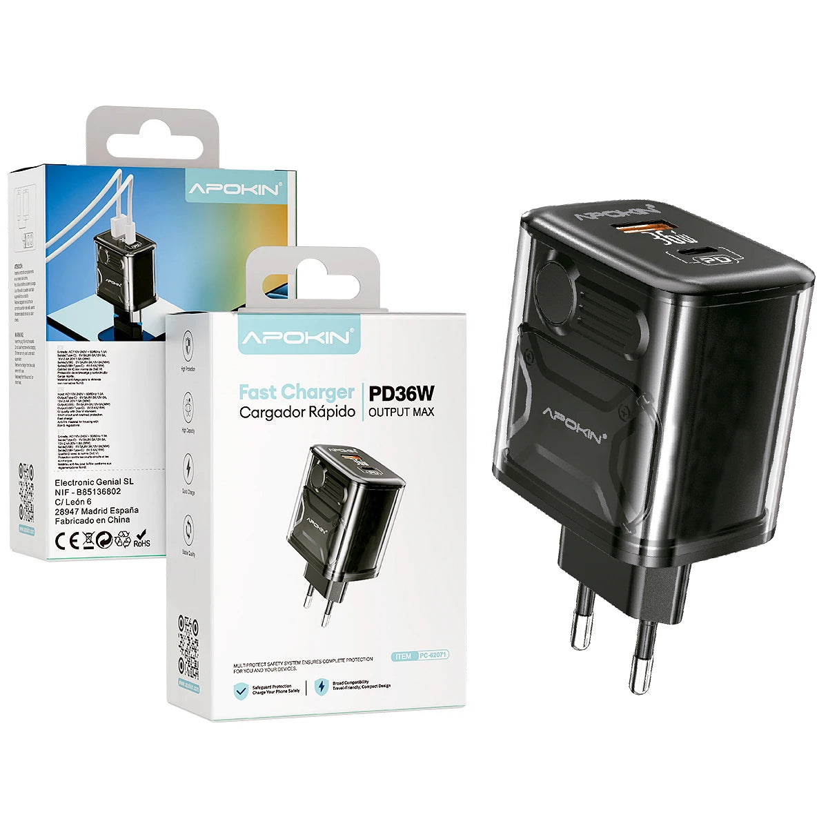 Carregador sem fio APOKIN 36W USB-A/Tipo C - Preto