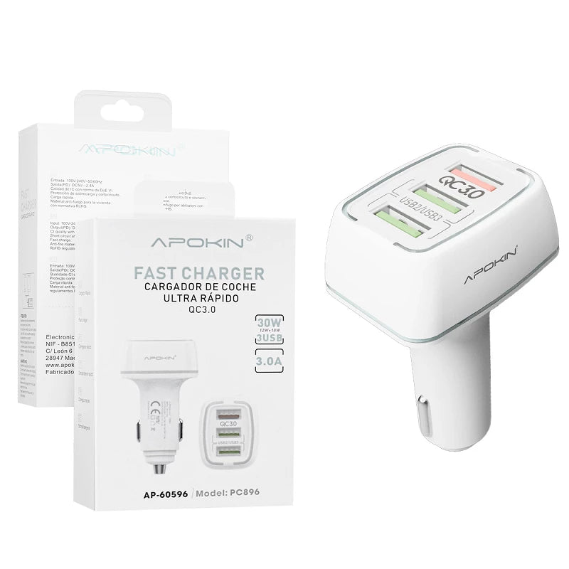 CARREGADOR DE CARRO DE 30 W COM TRÊS PORTAS USB 3.0 E CABO TIPO C, BRANCO PC-896
