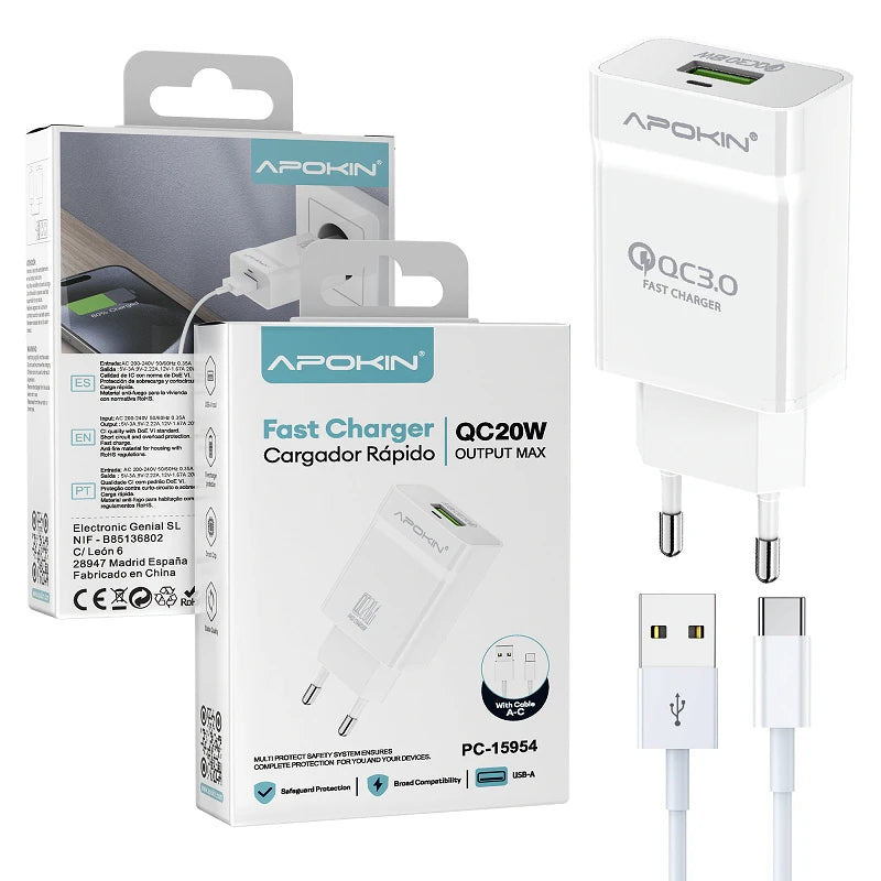 CARREGADOR SEM FIO APOKIN PC913Y COM DUAS PORTAS USB-A DE 2,4 A - BRANCO